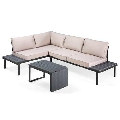 Image of VonHaus Garden Furniture Set - Modular Outdoor Sofa with Coffee Table - 3 in 1 Multi-Use Patio Lounge Set with Daybed & Lounger Configurations - Steel Frame with Padded Cushions - Aruba Grey