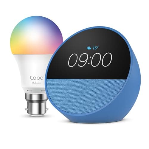 Image of Echo Spot | Ocean Blue + Tapo L530BA Smart Light Bulb (B22), Works with Alexa - Smart Home Starter Kit, with Alexa+ Early Access