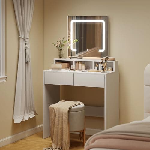 Image of HOMCOM Dressing Table with Mirror and LED Lights, Vanity Table with 2 Drawers, 3 Compartments, 3 Colour Lighting, for Bedroom, Modern Dresser Makeup Desk for Women and Girls, White