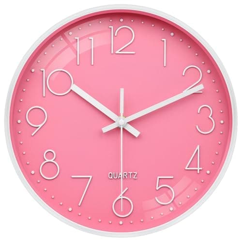 Image of VIKMARI Pink Wall Clock 10 Inch Silent Non-Ticking Clocks Battery Operated Modern Decorative for Kids Living Room Bedroom Kitchen Office(Pink)