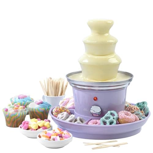 Image of Giles & Posner EK3428GSPP Chocolate Fountain - 3 Tier Electric Cascading Fondue Set with Hot Melting Pot Base, Party Dip & Share Machine, Set Includes 2 Food Trays & 100 Bamboo Skewers, 70-90W, Purple