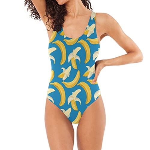 Image of Joitme Vintage Emblems Monokini Swimsuits for Women Women's Athletic One-Piece Swimsuits S-XL, Cartoon Bananas on Blue, Small