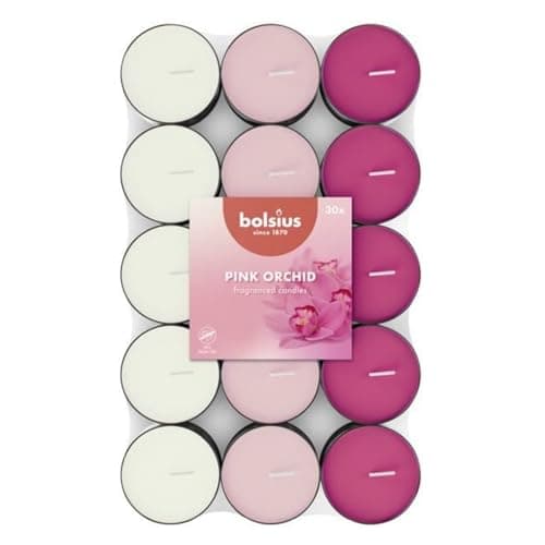 Image of Bolsius - 30 Scented tealights - Pink Orchid - Burning time of 3.5 Hours - Diameter 38 mm – Natural extracts – Contains Vegan Wax – No Palm Oil