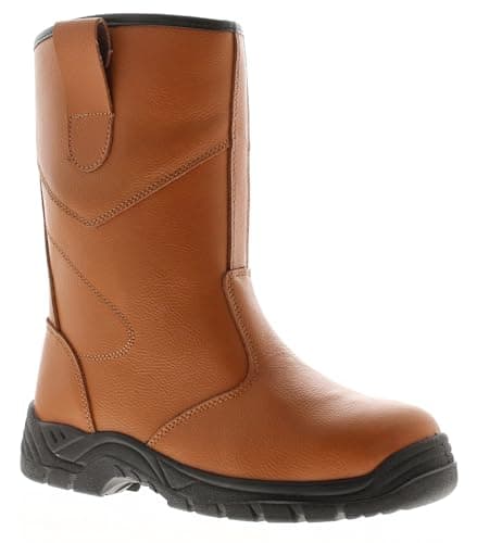 Image of Tradesafe Safety Rigger Boots. Mens Steel Toe Cap S1-P SRC Tan Leather Work Boots with Steel Midsole Protection and Fur Lining Tan 10 UK