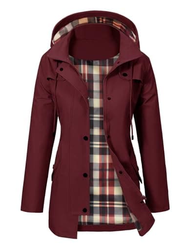 Image of PASUDA Women's Waterproof Jacket Long Rain Coats Hooded Rain Jacket with Pockets Lightweight Windbreaker Raincoat Functional Trench Coats Hiking Running Camping Outdoor Coats (Burgundy Red, XL)