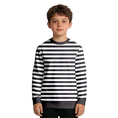 Image of Children's Shirt 2026 Boys' Striped Long Sleeve Sweatshirt with Crew Neck, Casual Pullover for Children, Cotton Basic White Tops, black, 13- 14 Years