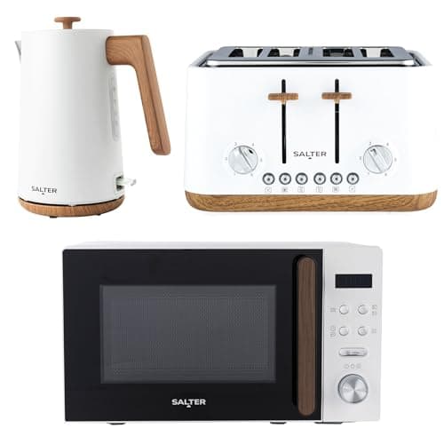 Image of Salter COMBO-9196 Toronto Kettle, Toaster, Microwave Set – Kitchen Countertop Appliances, 1.7L Fast Boil Kettle, 4-Slice Wide Slot Toaster, 20 L Digital Microwave, 25.5cm Turntable, White