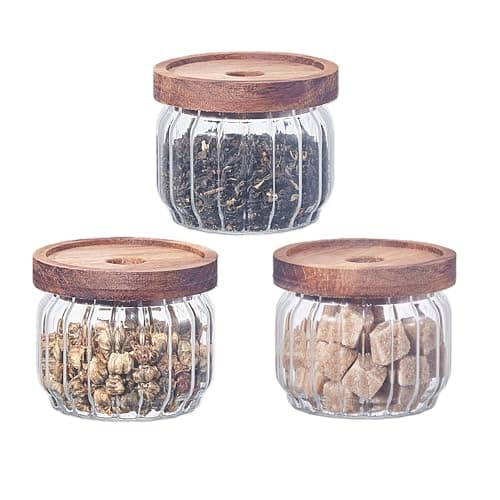 Image of Eden & Willow Ribbed Airtight Glass Kitchen Storage Jar with Acacia Wooden Lid - Pantry Organisation Canisters for Coffee, Tea, Sugar, Flour, Pasta, Spices, Grains, Oats (3, 300ml)