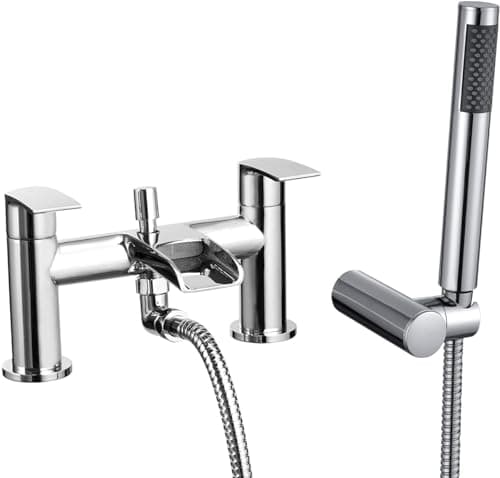 Image of [Bath Shower Tap] Hapilife Waterfall Bathroom Bath Mixer Tub Taps with Handheld Shower Head Attachment, Modern Monobloc Dual Lever Bathtub Filler Taps 2 Hole, Chrome Brass, Deck Mounted