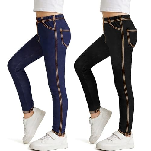 Image of Tokeya Girls Leggings Jeans-Look, Kids Elastic Waist Full Length Trousers Denim Skinny Fit Stretchy Jeggings with Pockets Pants Casual Wear for Children 11-12 Years Pack of 2, Black and Navy Blue