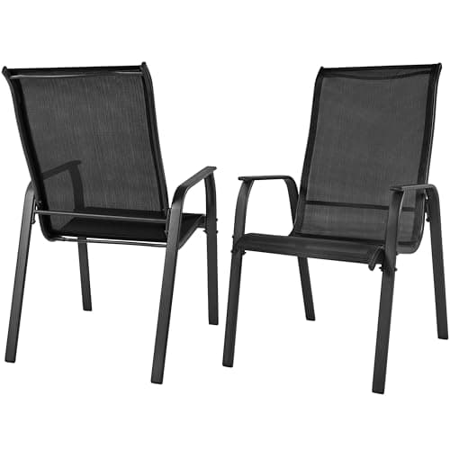 Image of Yaheetech Outdoor Dining Chairs, Set of 2 Patio Stackable Garden Chairs with Backrest/Armrests for Garden/Lawn/Porch/Backyard Pool, Black