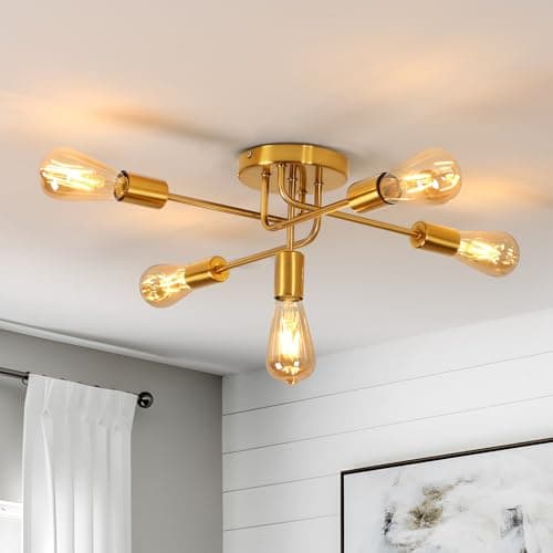 Image of Dorlink Sputnik Ceiling Light, 5 Bulbs Ceiling Lights for Living Room, Gold Light Fittings E27, Semi Flush Industrial Lighting Ceiling, Gold Chandelier Lighting for Kitchen, Dining Room (No Bulbs)