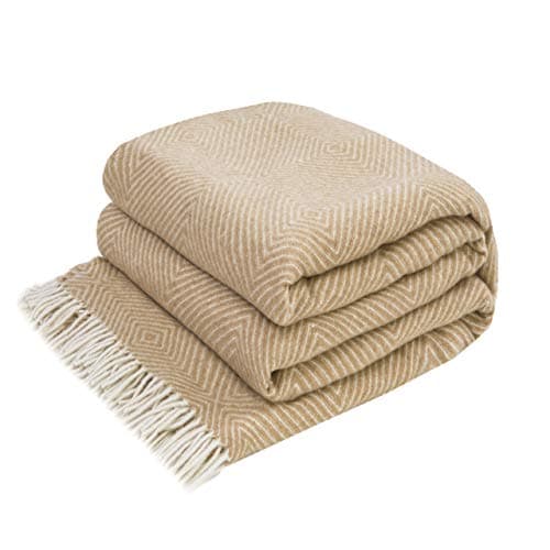 Image of LYHome Merino Wool Blanket - Large Throw Bedspread for Sofa Bed, Single Double Size, Cosy Throws for Sofas & Beds, Soft and Warm Blankets Picnic Camping (55x79 in | 140x200 cm, Beige - White Rhombus)