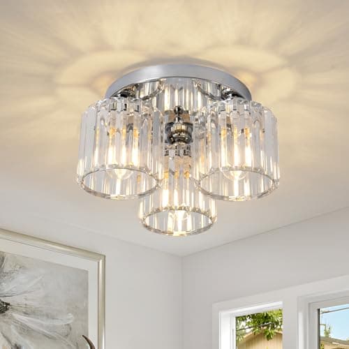Image of ZYDTRIP Crystal Chandeliers Ceiling Light, 3-Lights Crystal Lights Living Room, Modern Chrome Semi Flush Ceiling Light Fittings for Bedroom, Hallway, Bathroom, Foyer, Kitchen Light Fixture