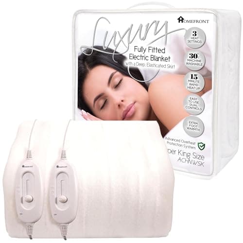 Image of Homefront Electric Blanket Super King Size Dual Control - 203x182 Centimetres Premium Fitted Underblanket Overheat Protection and Safety Shut Off Machine Washable & Safe For All Night Use - White