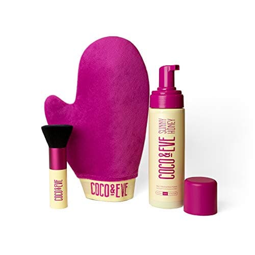 Image of Coco & Eve Sunny Honey Bali Bronzing Bundle. All Natural Sunless Tanning Mousse. Instant Self Tanning Lotion with Bronzer, Mitt Applicator and Kabuki Brush. (Medium)