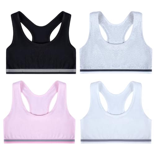 Image of Lancry 4 PCS Crop Tops for Girls Age 7-14 Soft Cotton Girls Crop Tops Unpadded Racerback Kids First Bra Sports Training Bras (12-14 Years, Black+White+Grey+Pink)