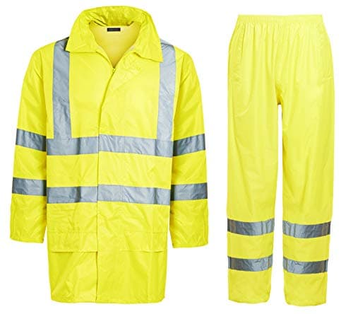 Image of shelikes Hi VIS Viz & Plain Rainsuit 2 Piece Set High Visibility Men Women Hooded Puddle LaShelikes Dies Rain Suit Jacket & Trousers Waterproof PVC Workwear Rain Wear Size S-4XL (Yellow Hi Vis, 2XL)