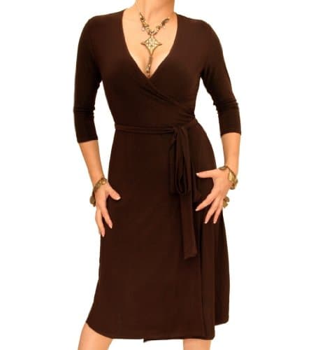 Image of Blue Banana Women's Knee Length Elegant Slinky Wrap Dress - Brown Size 12