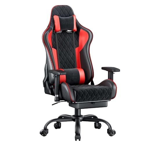 Image of Seenda GCPro-10 Gaming Chair, 145° Reclining Office Chair with Footrest and Full Metal Frame Supporot up to 330 lbs, Adjustable 2D Armrests, 5 Inch Fabric Cushion, Carbon Fiber Design (Black + Red)