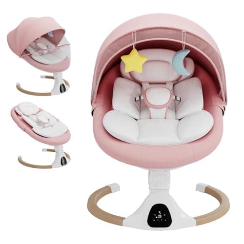 Image of Electric Baby Swing Chair from Birth, 0–6 Months, max 9kg，Portable Newborn Baby Bouncer with Bluetooth, Rocking Rocker Chair 5 Swing Speed, 3 Angle Position, Remote Control & Touch Panel Pink