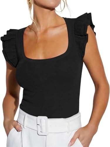 Image of INFITTY Womens T Shirts Trendy Ruffle Short Sleeve Shirt Square Neck Tops Basic Tees Going Out Crop Tops Y2k T-Shirts Black S