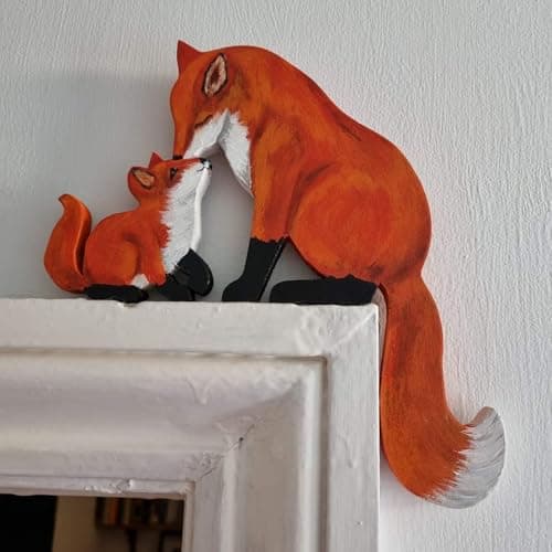Image of Jiyikua Mama and Baby Fox Door Topper Adorable Fox Shape Statue Door Corner Sculpture for Handcrafted Wood Decor Sign, Creative Wooden Art Figurine Ornament for Garden (FIRE Fox (Mama+Baby))