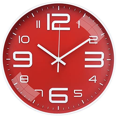 Image of Outpicker Wall Clock Silent Non Ticking Clock 12 Inch Battery Operated Wall Clocks for Living Room Modern Bedrooms Office Kitchen Clock (Red-3D)