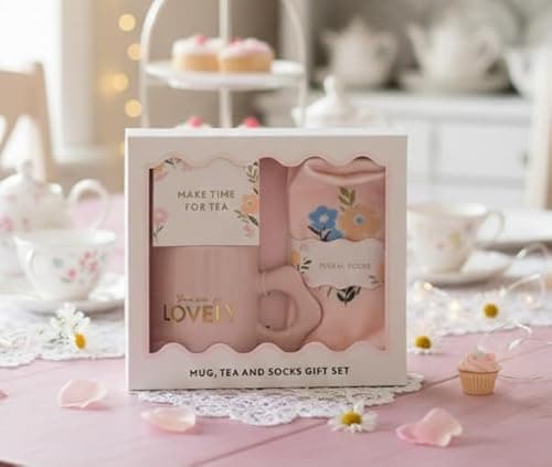 Image of Mother’s Day Mug and Socks Gift Set – Pink Mug with ‘You are So Lovely’ Text and Floral Socks, Boxed Gift Set for Mum, Birthday or Special Occasion-G86