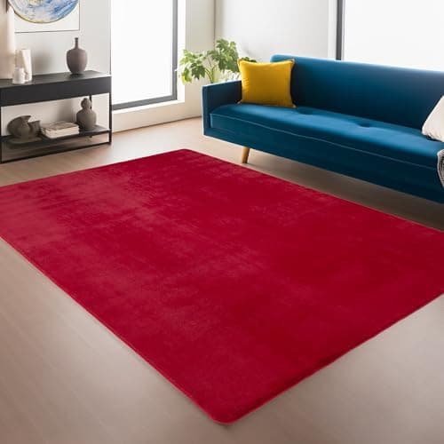 Image of Snuggly Plain Living Room Area Rug Super Soft Polyester Rug Cut Pile Anti-Slip Backing Machine Washable Modern Rug for Living Room Bedroom Hallway 9 Colours- Red- 120 x 160 cm (Rectangular)