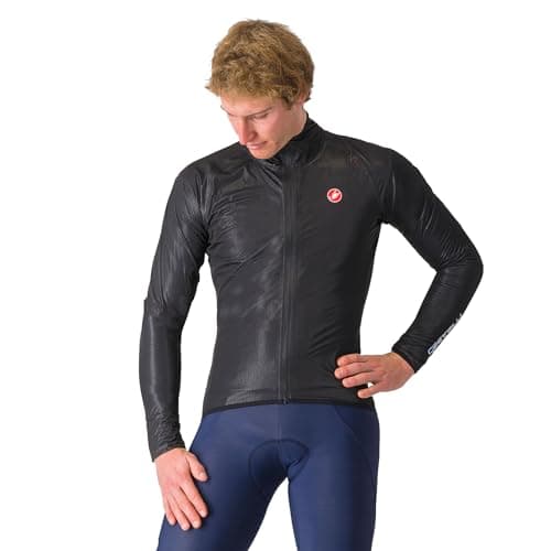 Image of CASTELLI Men’s Squall Shell Jacket, Full Waterproof, Windproof Lightweight Reflective Jacket for Road Cycling & Gravel Biking, Light Black/Silver Gray, Large
