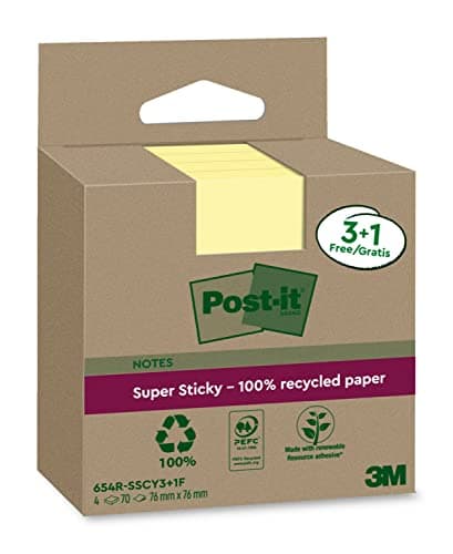 Image of Post-it Super Sticky 100% Recycled Notes, Pack of 3+1 Free Pads, 70 Sheets per Pad, 76 mm x 76 mm, Canary Yellow - Extra Sticky Notes Made from 100% Recycled Paper