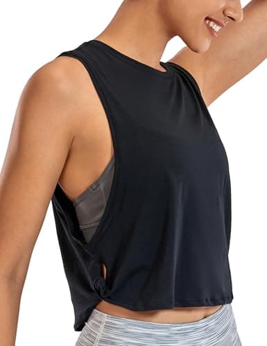 Image of CRZ YOGA Pima Cotton Summer Gym Sleeveless Vest Tops for Women Light Elastic Running Crop Top Loose Crew Neck Yoga Shirt Black 10