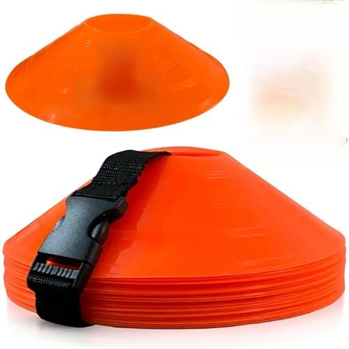 Image of DOMTEK Footbal Cones Training for Kids – Stackable Flat Disc Soccer Cones with Carry Mesh Bag & Strap Pack of 24