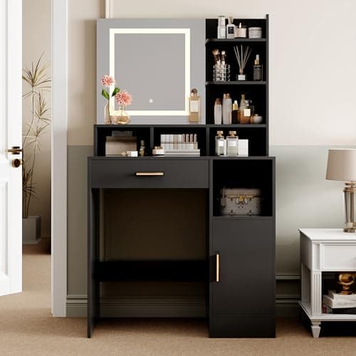 Image of mcc direct Dressing Table, Vanity Desk with Mirror, LED Lights and Drawers, Makeup Desk with Brightness Adjustable, Large Open Storage Areas for Bedroom (Black) - TRURO