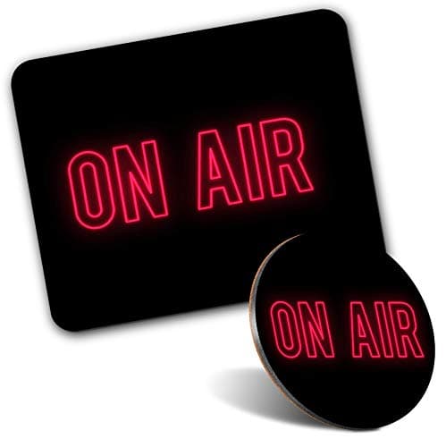 Image of Rectangle Mouse Mat & Round Coaster Set - On Air Neon Sign Radio TV Studio 20 cm & 9 cm for Computer & Laptop, Office, Gift, Non-slip Base #45929