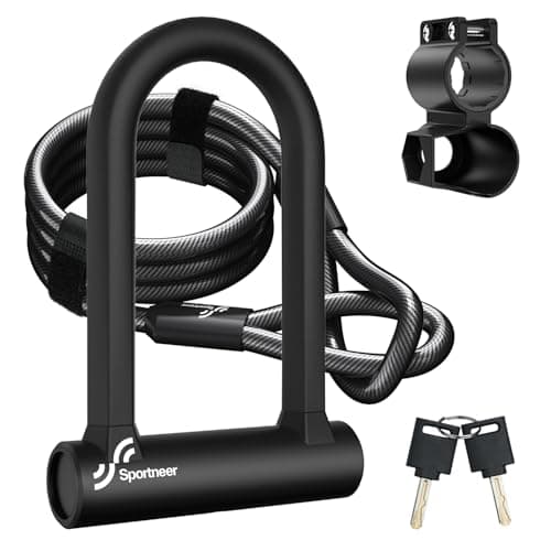 Image of Sportneer Bike Lock: 17mm Heavy Duty Bike D Lock with 5Ft/1.2M High Security Steel Cable&Sturdy Mounting Bracket&Key Anti Theft Bicycle Locks for Road Bike, Electric Bike, Mountain Bike, Folding Bike