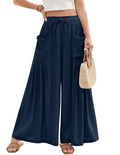 Image of CMTOP Linen Trousers Womens Wide Leg Trousers Elasticated Waist Palazzo Pants with Pockets Ladies Casual Summer Pants Beach Loose Lounge Flowy (Navy Blue, M)