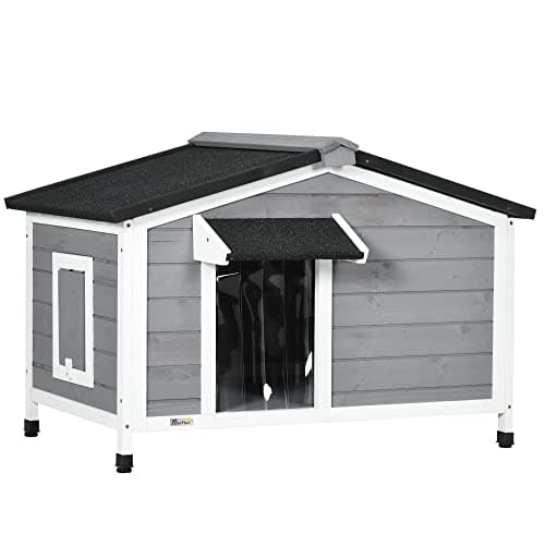 Image of PawHut Wooden Dog Kennel Outdoor, Elevated Dog House for Outside, with Openable Top, Asphalt Roof, Windows, Curtain, Removable Tray, Adjustable Legs, 65H x 97L x 72Wcm, Grey