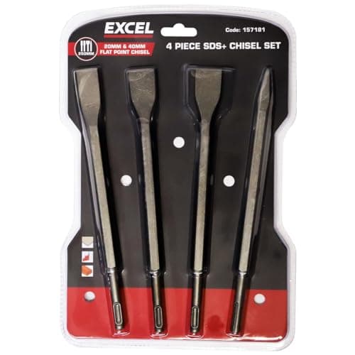Image of Excel Professional SDS Plus Hammer Drill Chisel Set - 4 Piece Set for Concrete, Masonry, Chiseling, Breaking and Stone, Flat Stone Chisel, Point Stone Chisel