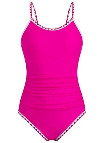 Image of XiaoMoSha Swimming Costume Girls One Piece Bathing Suit with Adjustable Straps Color Contrast Trim for Teens Girls, 10-11 Years, Hot Pink
