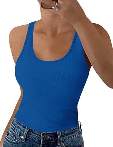 Image of Aottori Royal Blue Tank Tops Women Summer Ribbed Vest Top Ladies Sleeveless Cotton Slim Fitted Stretch Basic Cami Camisole Royal Blue L