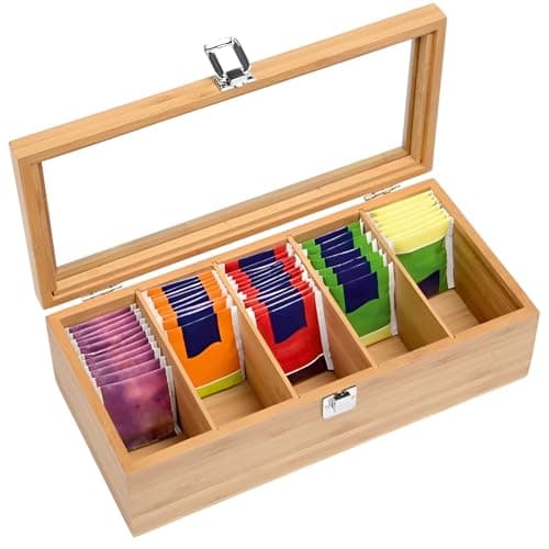 Image of VAVPUP 5-Compartment Bamboo Tea Storage Box - Clear Lid with Locking Clasp,30x10x9cm Wooden Organizer for Coffee Station,Sugar Packets,Sweeteners & Small Packets