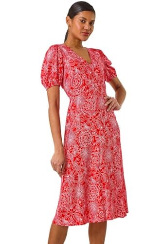 Image of Roman Originals Tea Dress for Women UK Ladies Skater Swing Fit & Flare Flattering Summer Knee Length Frill Hem Ruched Chest Casual Smart Cocktail Party Going Out - Red Floral - Size 18