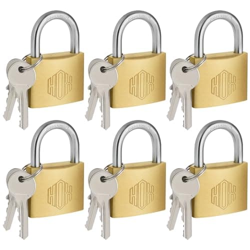 Image of HOX 6-Pack Keyed Padlock, Waterproof and Rustproof, 40mm Solid Brass Lock with 1-1/4" Wide Body, Padlock with Keys for Storage Unit, Sheds, Garages and Fence
