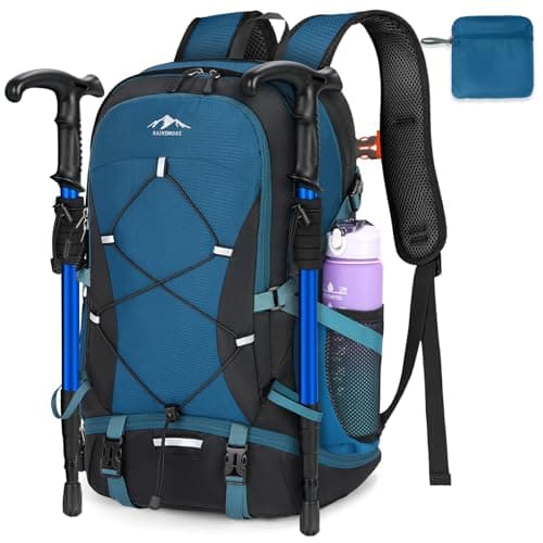 Image of RAINSMORE Hiking Backpack 40L Foldable Lightweight Rucksack for Men Women Water Resistant Large Backpack for Walking Camping Climbing Travelling Black and Blue