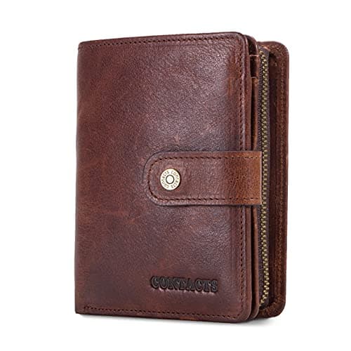 Image of FORRICA Men Leather Wallet Women Purse RFID Blocking Bifold Wallet Soft Zip Coin Pocket Cowhide Credit Card Holder with Gift Box Brown A