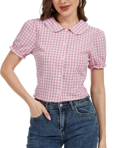 Image of MINTLIMIT Women's Summer Gingham Blouse 2026 Plaid Top Short Sleeve Button Down Peter Pan Collar Shirt Pink