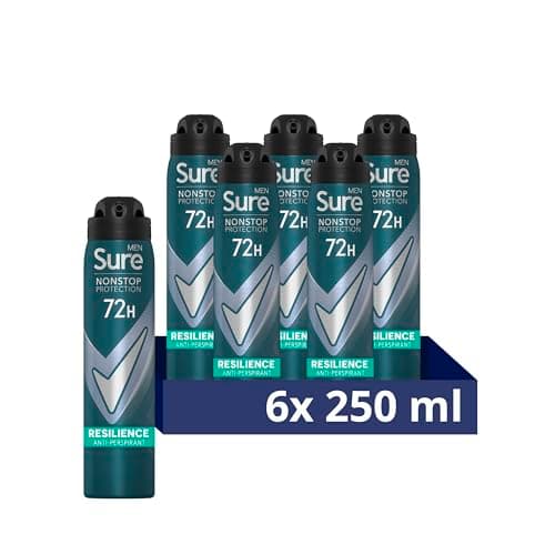 Image of Sure Men Nonstop Protection Resilience Deodorant Body Spray Antiperspirant with body heat activated technology for 72 hour protection against odour and sweat 250 ml, Pack of 6