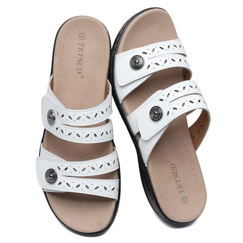 Image of TETSUO Women's White Sandals Flat Dressy Summer Slide Sandals Open Toe Comfortable Walking Sandal Arch Support Adjustable Strap Slip On Ladies Sandals